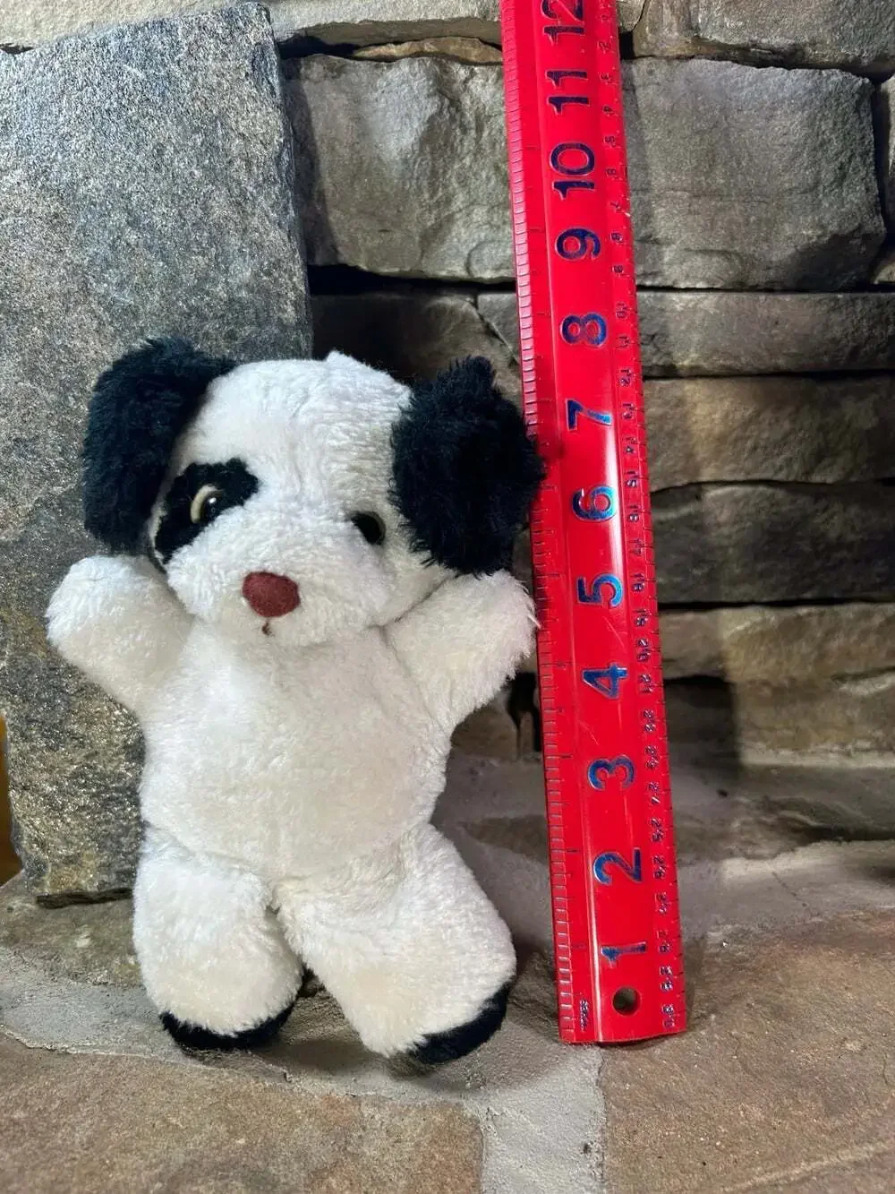 Vintage Russ Black and White standing Puppy Dog with black patch over eye